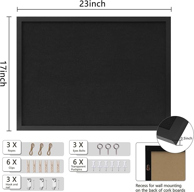 DAHAPYBOO Cork Board with Linen Black,Bulletin Board 23"x17", Corkboards for Office Home School Message Board or Vision Board Decoration.