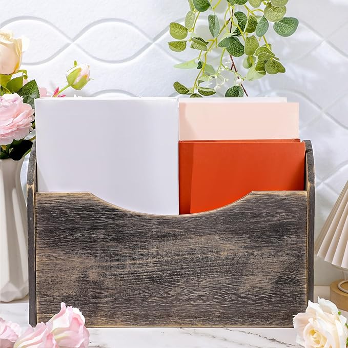 Suzile Wall Mounted File Holder Wood Magazine Holder Wall Hanging File Organizer for Office Mail Magazine Letter Paper Folder Organization (Gray)