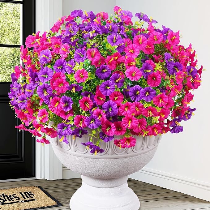 MARTINE MALL 12 Bundles Look Real Artificial Flowers for Outdoors, Realistic Fake Outdoor Flowers, UV Resistant Silk Petunia Flowers for Outside Faux Flowers Plants for Outdoor Porch, Purple+Fuchsia