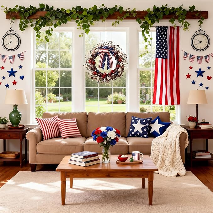 zjlmit 22 Inch 4th of July Wreath with Grapevine Base - Red White and Blue Berry Patriotic Wreath with Hanging Loop for Front Door, Independence Day & Memorial Day Decor