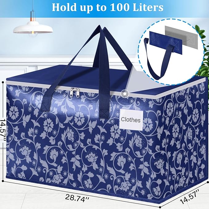 HomeHacks Moving Bags, Extra Large Size Moving Boxes, Heavy Duty Luggage Bags with Smooth Zipper and Sturdy Handles, Large Capacity & Easy Loading Storage Totes for Space Saver 100L, 10-Pack, Blue