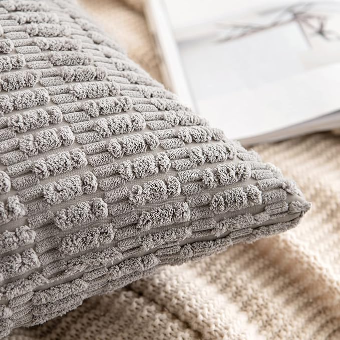 MIULEE Pack of 2 Corduroy Decorative Throw Pillow Covers 18x18 Inch Soft Boho Striped Pillow Covers Modern Farmhouse Home Decor for Sofa Living Room Couch Bed Light Grey