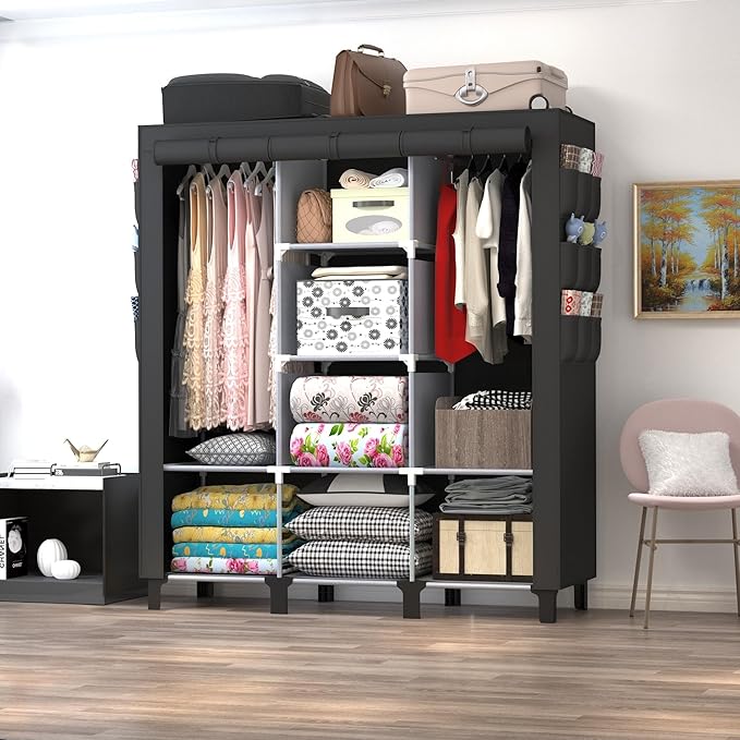 Portable Wardrobe with 10 Storage Racks and 2 Hanging Poles 6 Side Pockets Fleece Cover, Size 130 x 45 x 172 cm, Bedroom Closet Organizer Black