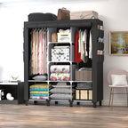 Portable Wardrobe with 10 Storage Racks and 2 Hanging Poles 6 Side Pockets Fleece Cover, Size 130 x 45 x 172 cm, Bedroom Closet Organizer Black