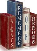 Lineshading 4 Pcs 4th of July Table Decoration Wooden Book Always Remember Our Heroes America Decor Patriotic Tiered Tray Decor Red White Blue Memorial Day Block Signs for 250th Anniversary Home Shelf