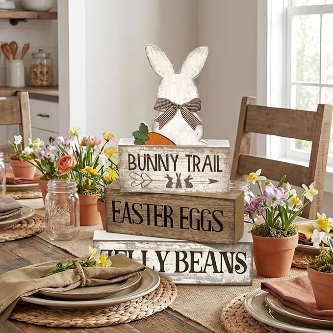 Lineshading 4 Pcs Easter Table Decoration Wooden Rabbit Easter Day Tiered Tray Decor Rustic Wooden Bunny Block Sign Gifts Cute Bunny Centerpiece Farmhouse Holy Week Party Decoration for Home Kitchen