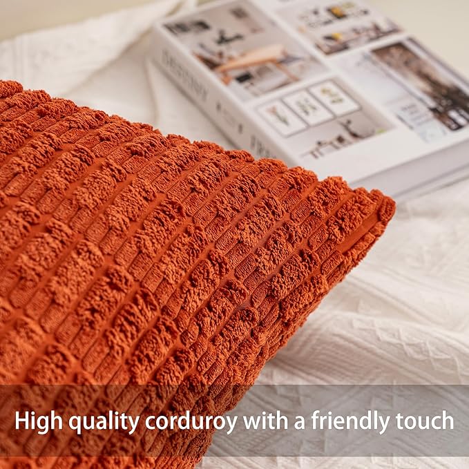 Aegero Pack of 2 Corduroy Decorative Throw Pillow Covers 12x20 InchSoft Boho Striped Pillow Covers Modern Farmhouse Home Decor for Sofa Living Room Couch Bed（Rust）