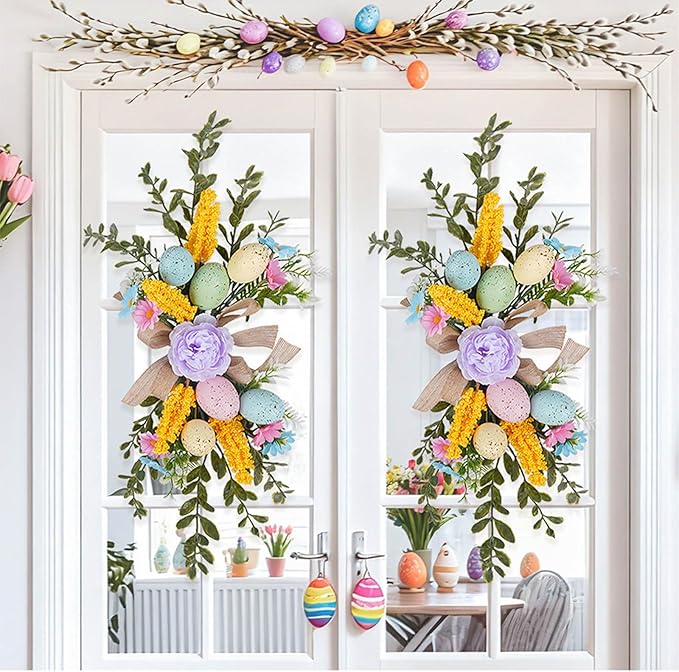Easter Teardrop Swags 15.74inch Artificial Speckled Eggs Stairway Swag Decorated with Blooming Peonies, Colorful Daisies and Linen Bows Greenery Spring Floral Hanging Swags for Staircase