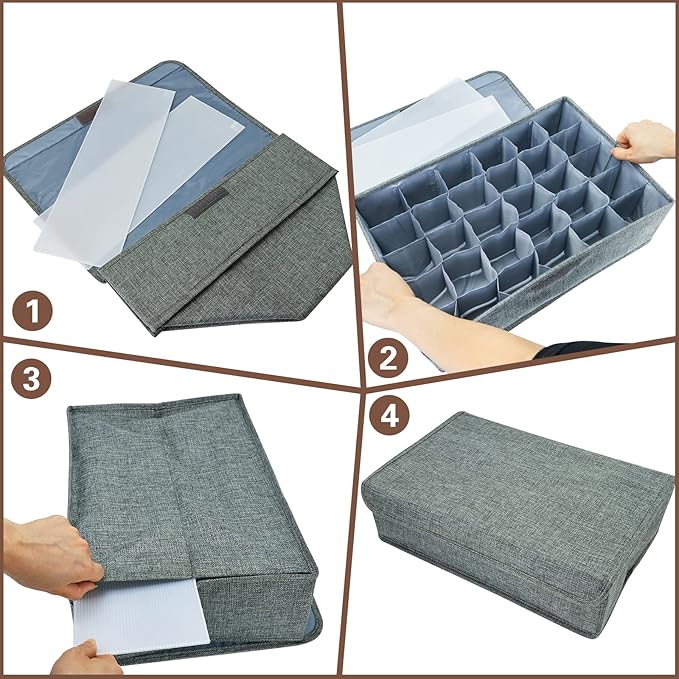 PINGMIC Gray Sock Organizer Divider 3 Pack with Lid - 30 Cell Foldable Closet Storage, Tie Organizer For Men Boxes for Socks, Ties, Belts