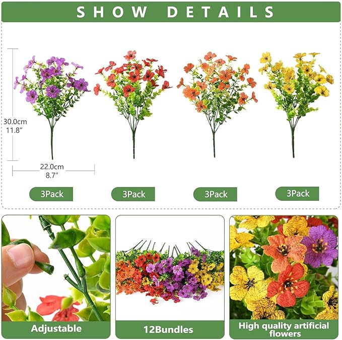 INQCMY Artificial Flowers for Outdoors Faux Plants Outdoor Fake Flowers Spring Decoration,12 Bundles Faux Silk Colorful Daisy Realistic UV Resistant for Outside Home Planter Window Porch Patio Yard