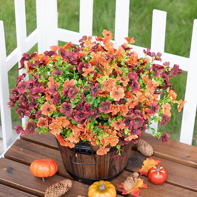 Artificial Faux Mums Flowers Plants for Outdoors Outside Fall Autumn Decoration,12 Bundles Realistic Fake Flowers Plant Greenery Silk Daisy UV Resistant Planters Porch Patio Garden（Orange Burgundy）