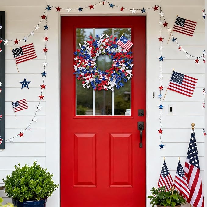 GTIDEA 24'' Patriotic Wreaths for Front Door, American 4th of July Wreath on Grapevine with Red White and Blue Forsythia Flag Bowknot Summer Wreaths for Home Wall Memorial Day Independence Day Decor