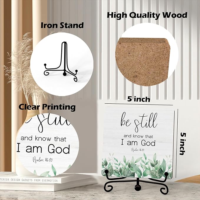 Inspirational Christian Desk Decor, Be Still And Know That I Am God Eucalyptus Sign, Desk Decorations For Office Home Living Room Bathroom, Eucalyptus Shelf Decor, Wooden Plaque With Stand (09)