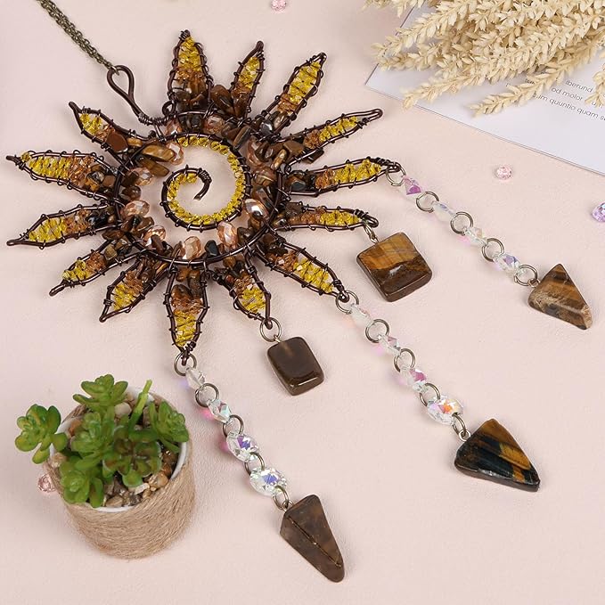 Mini Sun Catcher Dream Catcher – Handmade Sunburst Wall Hanging with Tiger Eye Stones & Crystal Beads for Window Decor, Bedroom, Meditation Space or Gift