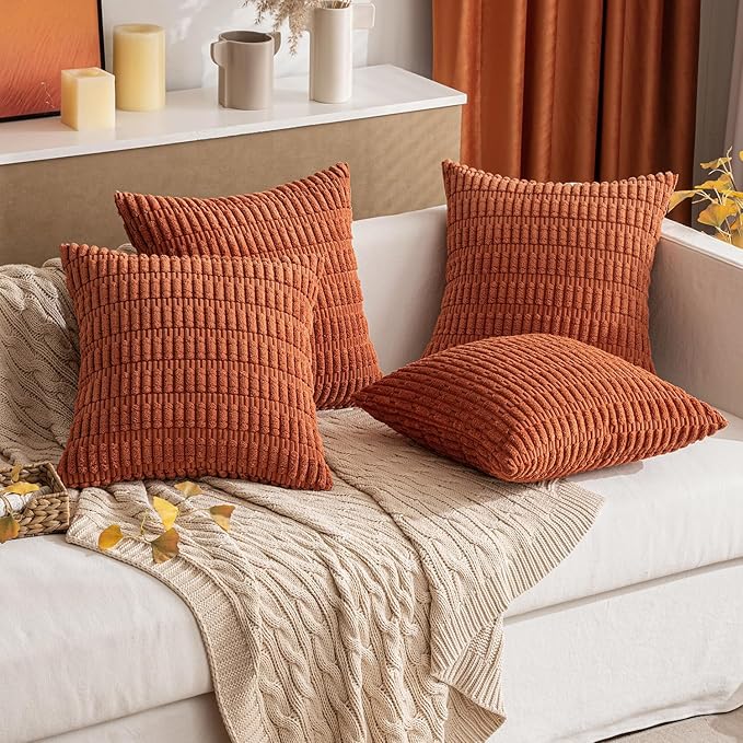 MIULEE Pack of 2 Corduroy Decorative Throw Pillow Covers 16x16 Inch Soft Boho Striped Pillow Covers Modern Farmhouse Home Decor for Sofa Living Room Couch Bed Rust