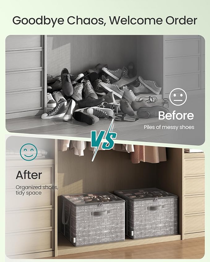 SONGMICS Shoe Organizer for Closet, Set of 2, Shoe Storage Box with Clear Lid, Foldable Fabric Bins, Holds 32 Pairs Total, Reinforced Handles, 16.5 x 16.5 x 12.5 Inches, Cattail Gray ULSP602G01