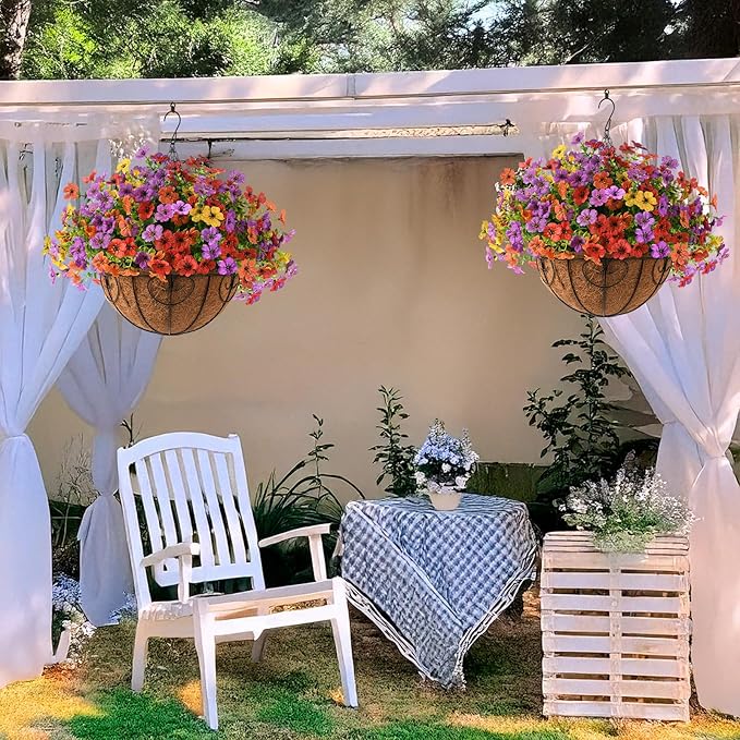 Artificial Faux Hanging Flowers Plants with Basket for Outdoor Spring Decoration, Fake Silk Daisy Outside Indoor UV Resistant Look Real Yard Patio Front Porch Garden Balcony Home Decor(Mix2)