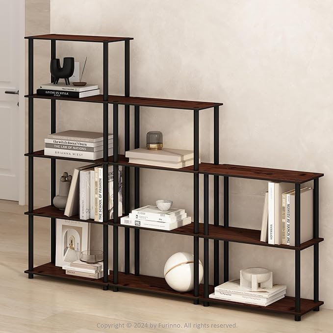 Furinno Turn-N-Tube Book Shelf, 4-Tier Bookshelf, Bookcase with Multipurpose Compact Display Rack, 11.6 x 23.6 x 43.2, for Living Room, Bedroom, Home Office, Dark Cherry/Black