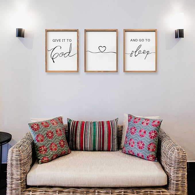 Set of 3 Framed Farmhouse Give it to God and Go to Sleep Signs Above Bed Wall Decors for Bedroom Wood Signs (Brown, 16"x24")