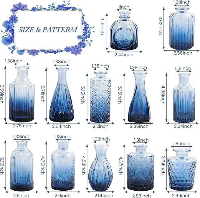 Glass Blue Bud Vases Set of 12, Mini Flower Vase for Centerpieces, Small Glass Vases in Bulk for Bridal Shower Decorations, Vintage Vase for Wedding, Party, Graduation, Home Table Décor