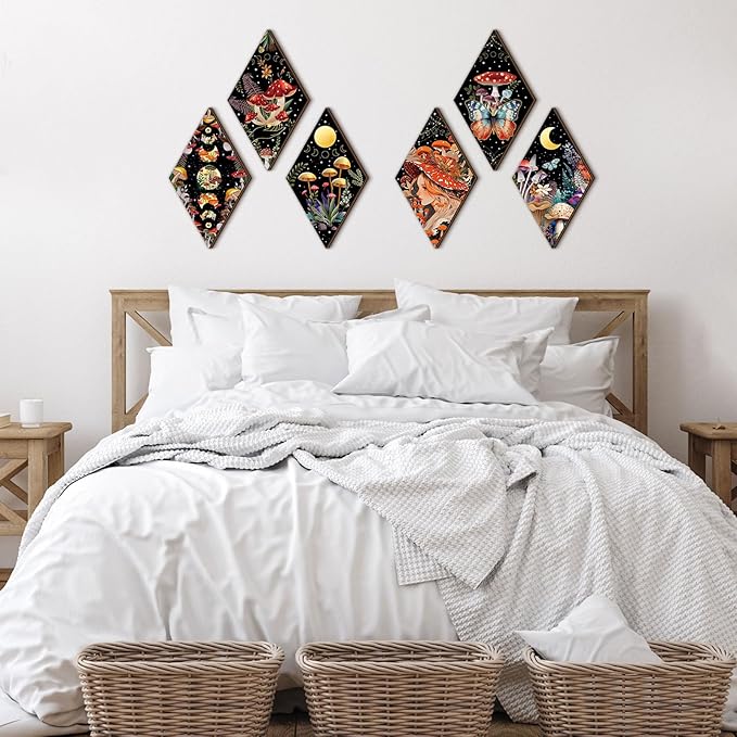 Qunclay 6 Pcs Witchy Gothic Wall Decor Rustic Boho Home Decor Sun Moon Mushroom Phases Wall Art Gothic Star Hanging Wooden Decoration Farmhouse Pediments for Bedroom Living Room Gallery(Mushroom)