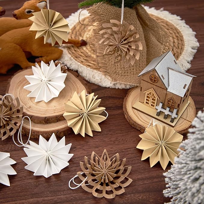 EASY JOY 9Pcs Christmas Hanging Decorations - 3D Paper Christmas Tree Hanging Decor Log White Snowflake Ornaments Christmas Decorations Outdoor Indoor for Xmas Party,Boho Home,Window Door Decor