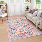 Moynesa Floral Washable Area Rug 5x7, Pink Rugs for Bedroom Soft Living Room Rug, Non Slip Ultra Thin Boho Rug for Nursery Flower Indoor Floor Carpet for Girls Room Dorm, Pink