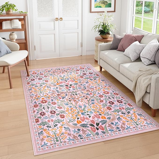 Moynesa Floral Washable Area Rug 5x7, Pink Rugs for Bedroom Soft Living Room Rug, Non Slip Ultra Thin Boho Rug for Nursery Flower Indoor Floor Carpet for Girls Room Dorm, Pink