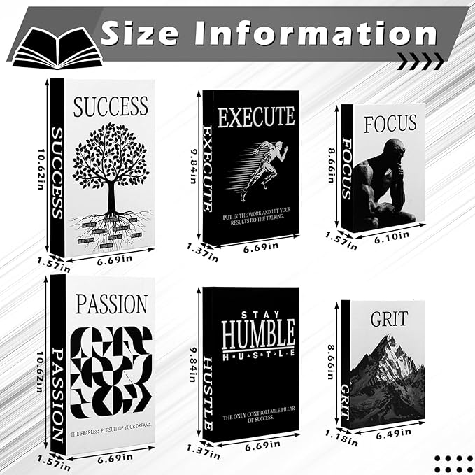 Menkxi 6 Motivational Decorative Books with Wood Bead Tassel Garland - Modern Faux Books for Office Desk, Bookshelf & Coffee Table Decor - Inspirational Aesthetic Black & White Fake Book Box Set