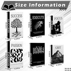 Menkxi 6 Motivational Decorative Books with Wood Bead Tassel Garland - Modern Faux Books for Office Desk, Bookshelf & Coffee Table Decor - Inspirational Aesthetic Black & White Fake Book Box Set