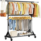 Luxspire Heavy Duty Clothes Rack Load 600 LBS, Double Rod Clothing Rack, Rolling Garment Racks with Lockable Wheels, Shelves, Adjustable Laundry Hanging Racks for Clothes, Black