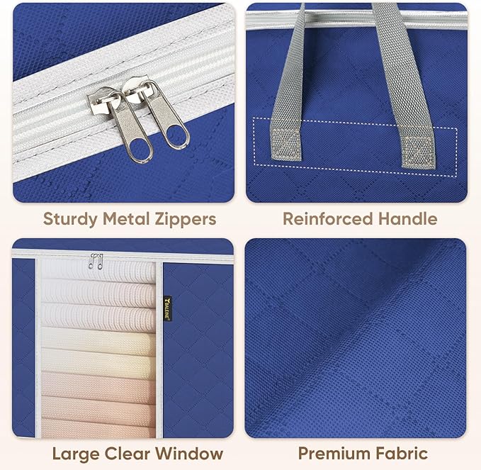 BALEINE 3 Pack Clothes Storage Bags, 24 Gallon Storage Containers with Reinforced Handle, Sturdy Zipper, Closet Organizer for Blanket, Comforter, Pillow, Bedding (Blue, 3 Pack)
