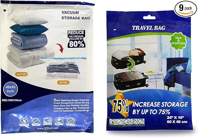 9 Combo Pack Vacuum Storage Bags (5 Jumbo Size 51"X40" and 4 Travel Bags Size 24"X16") for Storage Organization