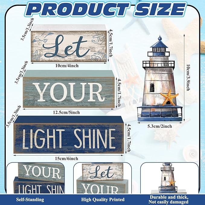 Lineshading 4 Pcs Beach Coastal Table Decor Wooden Lighthouse Decoration with Starfish Summer Tiered Tray Decor Blue and White Ocean Centerpieces Rustic Beach House Nautical Decorations for Home Shelf