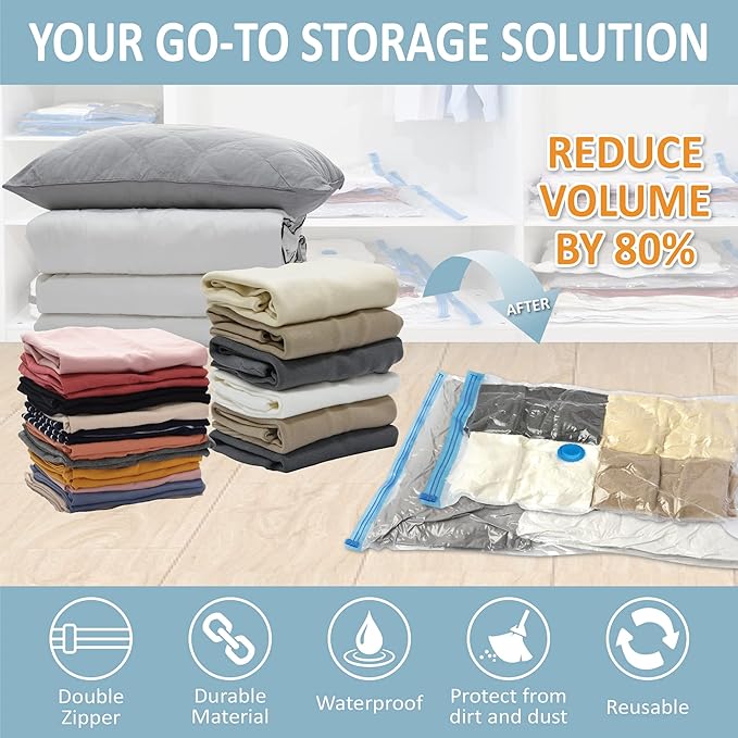 Cozy Essential Vacuum Storage Bags, Compression Space Saver Bags for Clothes, Comforters, Blankets, Pillow, Bedding, Sealer Clothing Storage,8 Combo