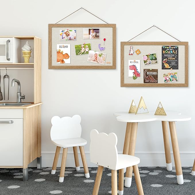 AKTOP 2-Pack Cork Bulletin Board with Linen 16.7" X 11", Small Framed Corkboard for Wall, Hanging Pin Board Picture Board for Home Office Decor, Cute Vision Board with 25 Pushpins (Carbonized Black)
