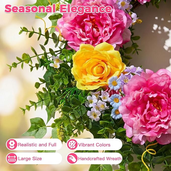 Livole 24 Inch Summer Spring Wreaths for Front Door Large Summer Door Wreath with Peony Rose Daisy for Indoor Outdoor Home Wall Farmhouse Patio Porch Window Decor