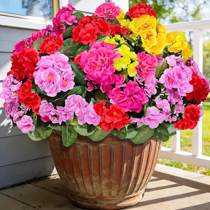 Artificial Geraniums Flowers for Outdoors Spring Decor, 8 Bundles UV Resistant Fake Geraniums Flowers Silk Faux Plants for Home Planter Gardens Table Patio Porch Indoor Summer Cemetery Decor(Color)