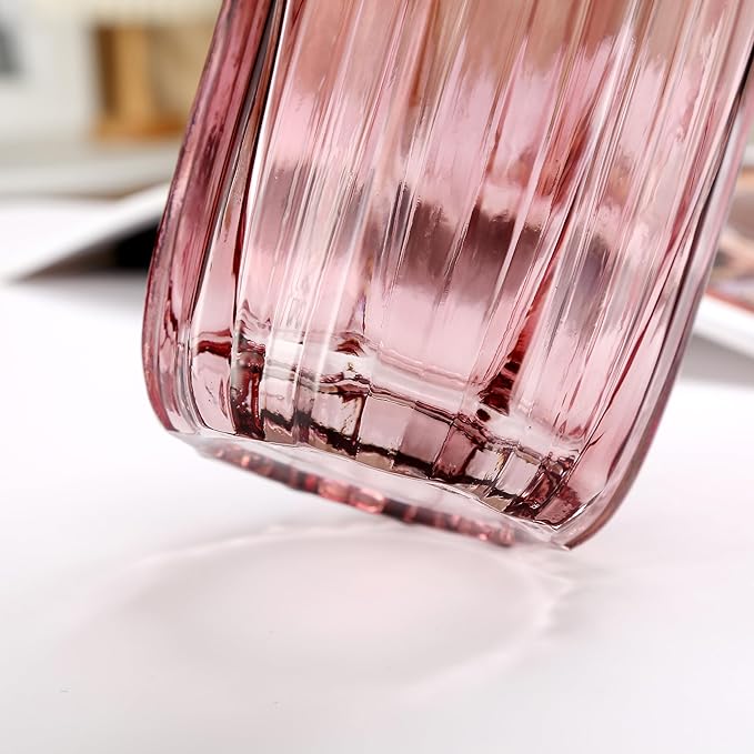 Large Pink Glass Vase for Flowers Ribbed Tall Pink Red Floor Vase 8.0" Decorative Vases for Home Table Centerpieces Flowers Decor and Farmhouse