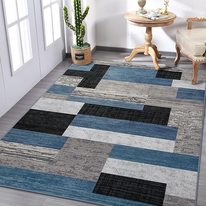 FlyDOIT Modern Geometric Patchwork Area Rug, 9x12 Blue Large Rugs for Living Room, Rockwood Collection Indoor Rugs for Bedroom, Throw Carpet Floor Decor for Entryway Dining Room Office Nursery