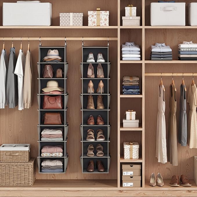 YOUDENOVA Upgraded Extra Wide Hanging Shoe Organizer for Closet, 8-Shelf Storage Organizer with 8 Side Pockets, Hanging Shoe Rack for Hats Clothes Jeans, 2 Packs, Grey