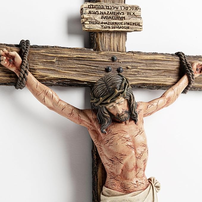 DevotedWalls 14" H Catholic Realistic Crucifix for Wall,Hand Painted Jesus Christ Wall Cross,Bloody Jesus on Crucifix,Realistic Jesús Chirst Cross for Church,Chapels and Home(Hand Painted in Full Color)