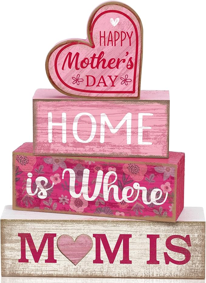 Lineshading 4 Pcs Mothers Day Table Decorations Wooden Pink Heart Decor Happy Mother's Centerpieces Gifts for Mom from Daughter Son Mothers Day Decorations for Home Shelf Indoor Party Decoration