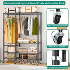 Rolling Clothes Rack, Heavy Duty Garment Rack for Hanging Clothes, Wire Adjustable Rolling Clothing Rack with Lockable Wheels & 2 Hanger Rods, Max Load 850LBS, Black