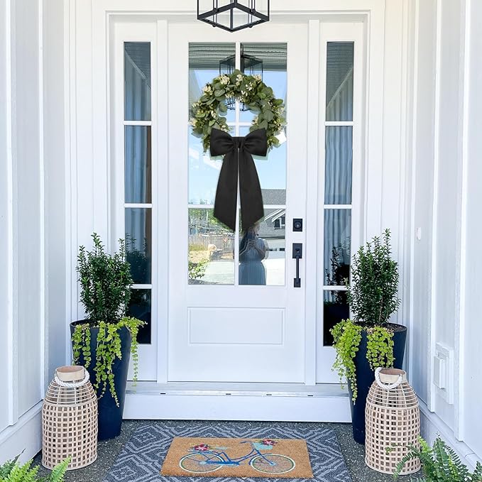2 Pcs Black Wreath Sash for Front Door Linen Wreath Ribbon Bow for Yard Porch Garland Home Decor
