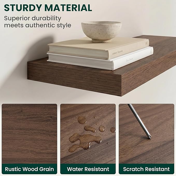 Floating Shelves for Wall 24 in x 9.3 in Deep, Wall Mounted Rustic Wood Shelf with Invisible Brackets for Storage & Display, Living Room Bedroom Bathroom, Walnut, 2 Pack