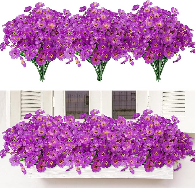 MACTING Artificial Flowers for Outdoors 12 Bundles Faux Outdoor Plants UV Resistant Plastic Silk Flowers No Fade for Planters Window Patio Porch Yard Indoor Garden Outside Summer Decorations(Purple)