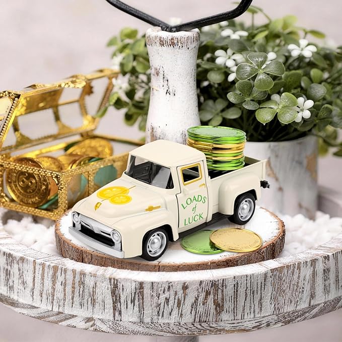 St. Patrick's Day Mini Metal Truck with Plastic Coin Vintage Diecast Pickup Tiered Tray Decor Rustic Farmhouse Shamrock Ornament Truck for St Patrick Home Shelf Table Tiered Tray Decorations