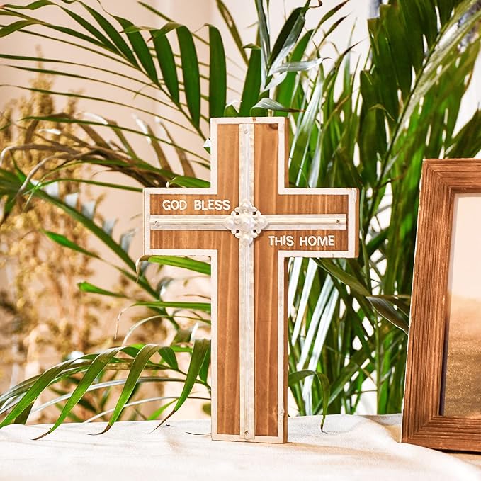 Wall Cross Retro Catholic Wooden Hanging Crosses Baptism with Metal Spiritual Religious Cross with Hook Silver Edge Blessed Letter Design Christmas Crucifix Gift for Church Home Wall Decor