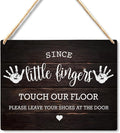 Wall Pediments Shoes Off Sign,Shoes Off Sign for Front Door,Since Little Fingers Touch Our Floor Door Sign,Shoes Off Hanging Welcome Sign for Front Door,6x12 Inches，Wood Grain-1